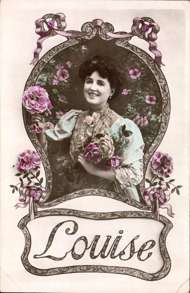 Louise — Frauenporträt mit Rosen — französische Karteikarte - Vorderseite