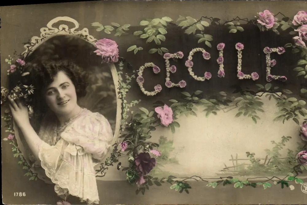 Cécile — carta postal decorada com rosas — editor anônimo, n° 1786 - Frente