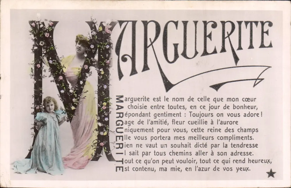 Marguerite — Weihnachtskarte mit Illustration einer Frau und eines Kindes — Emailllographie 'ETOILE', Paris - Vorderseite