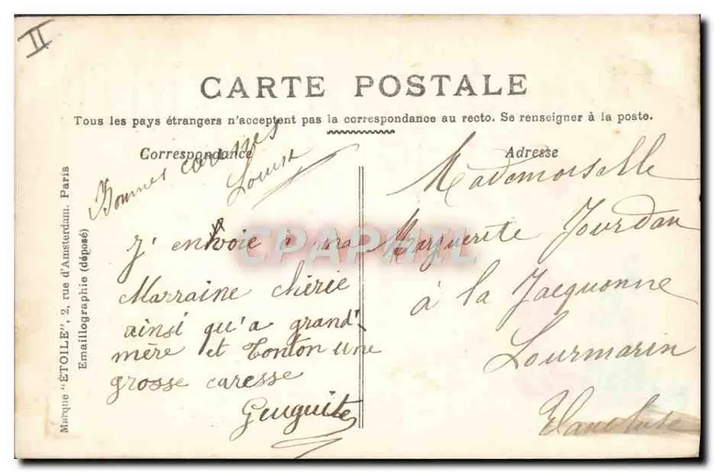 Marguerite — Weihnachtskarte mit Illustration einer Frau und eines Kindes — Emailllographie 'ETOILE', Paris - Rückseite