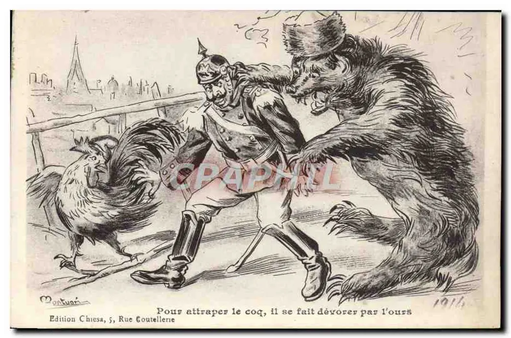 Deutscher Soldat und Bär — antideutsche Karikatur — Edition Chiesa, 5, Rue Coutellerie, 1916 - Vorderseite