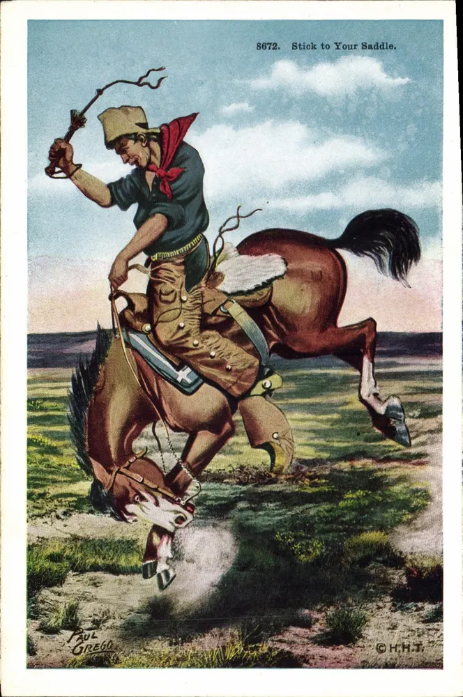 Cowboy sobre cavalo cabrestado — 'Stick to Your Saddle' — Paul Grego, n° 8672 - Frente