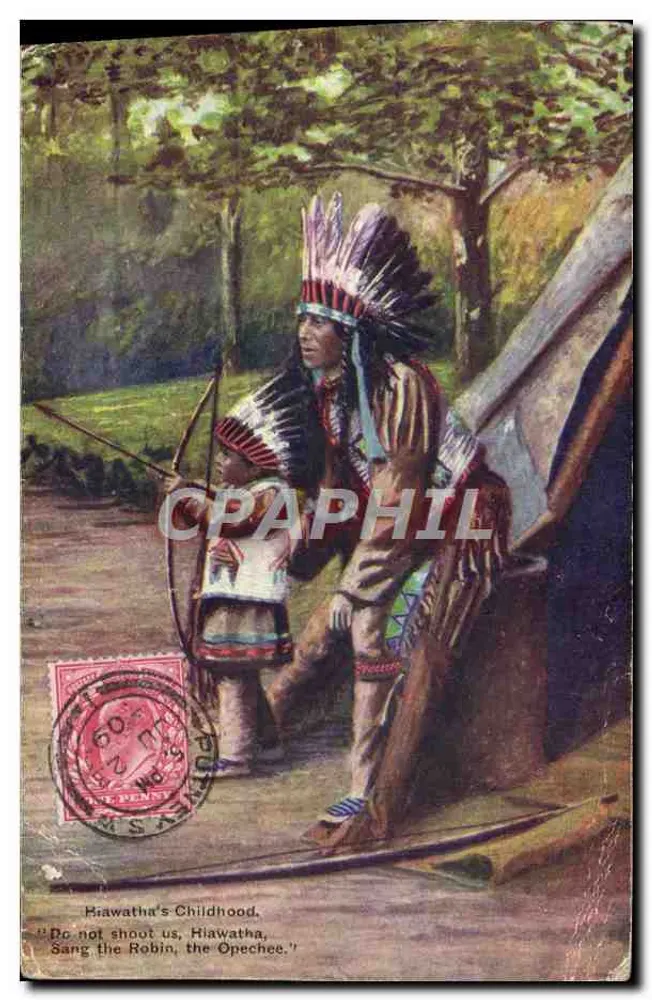 Enfance d'Hiawatha — scène d'Indiens dans la forêt — éditeur 'Printed in England' (verso) - Vorderseite