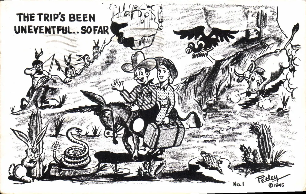 Cowboy und Begleiter auf Reise — Zeichnung von Bob Petley — Nr. 1 ©1945 - Vorderseite