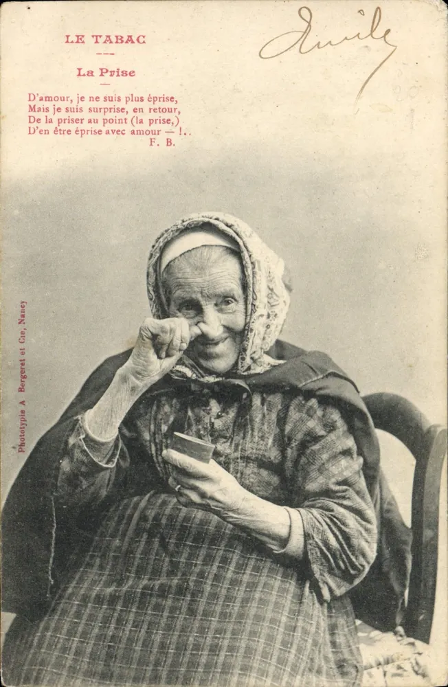 Eine alte Frau, die Tabak raucht — Phototypie A. Bergeret et Cie, Nancy — Seriennummer nicht sichtbar - Vorderseite