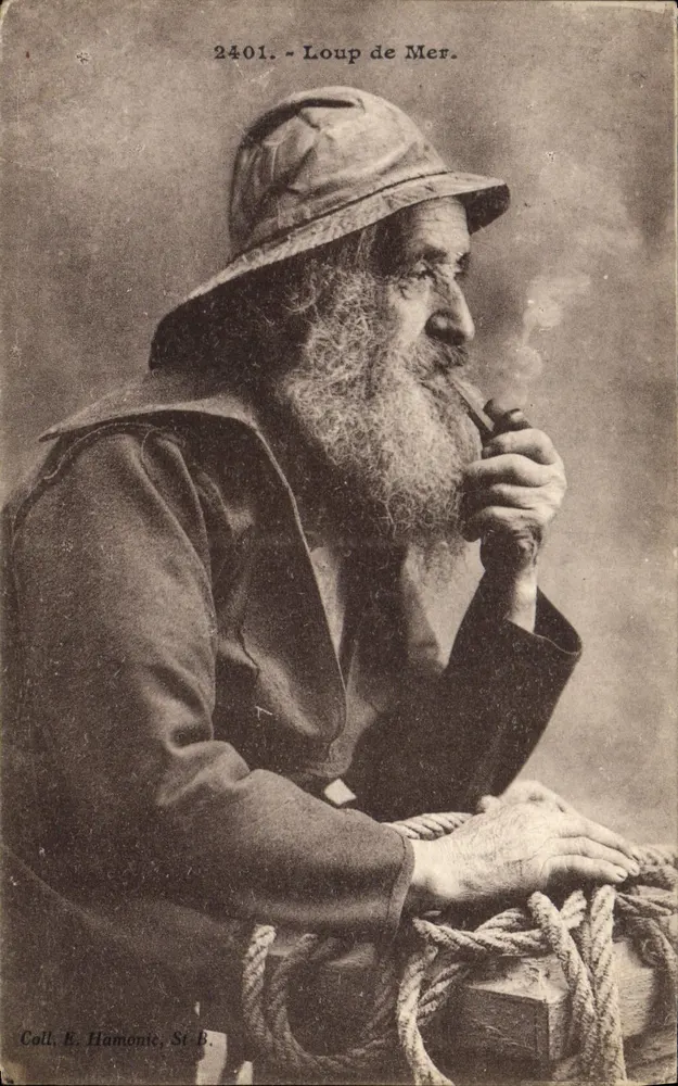 Lobo del Mar — Retrato de un pescador barbudo fumando un pipa — Coll. R. Hamonie, St-B. - Anverso