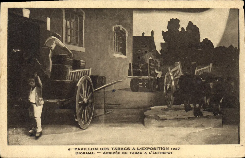 Pavillon der Tabakwaren — Ankunft des Tabaks am Lagerhaus — Diorama — Ausstellung 1937 - Vorderseite