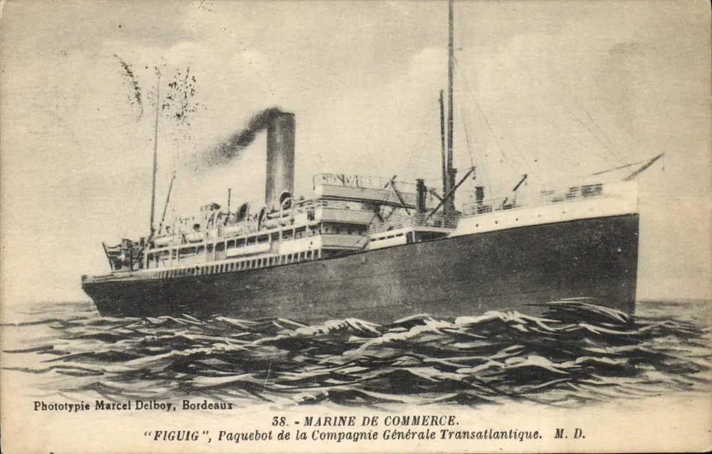 Navio de passageiros "FIGUIG" — Compagnie Générale Transatlantique — Fototipia Marcel Delboy, Bordeaux, n°38 - Frente