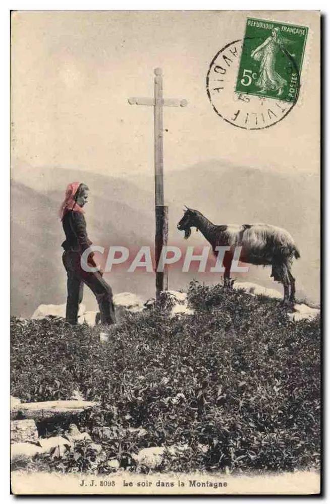 Le soir dans la Montagne — scène de montagne avec croix et chèvre — J.J. 8093 - Awers
