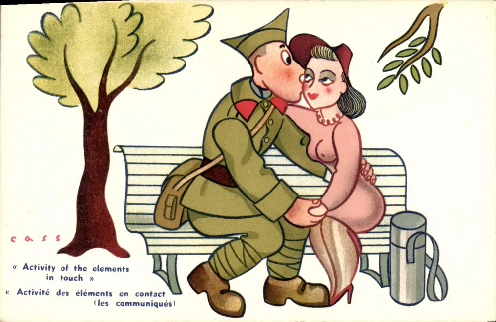 Soldado e mulher abraçados — subtítulo «Atividade dos elementos em contato (os comunicados)» — editor Cass - Frente