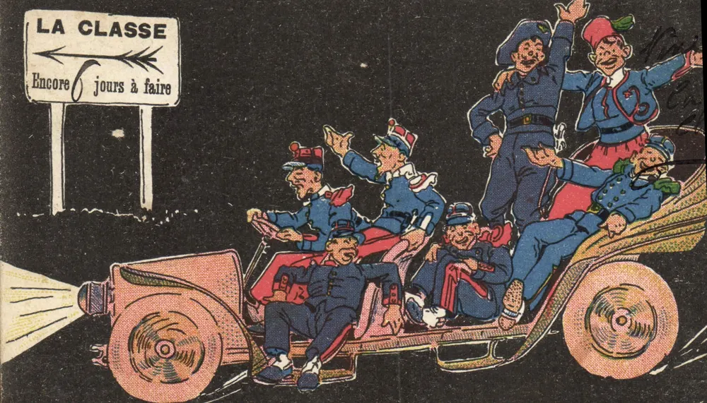 Die Klasse — Karikatur von Soldaten in einem Wagen — Verlag unbekannt - Vorderseite