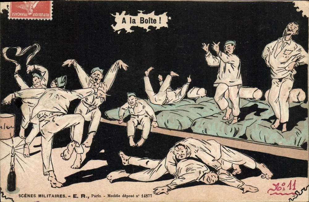 Militärszenen — Soldaten tanzen in einer Kasematte — E. R., Paris, Modell eingereicht Nr. 14877 - Vorderseite