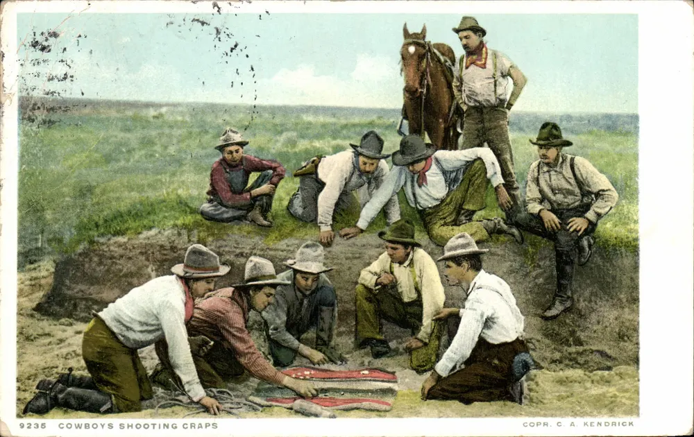 Cowboys Shooting Craps — scène de cow-boys jouant aux dés dans un paysage ouvert — éditeur C.A. Kendrick, n° 9235 - Vorderseite