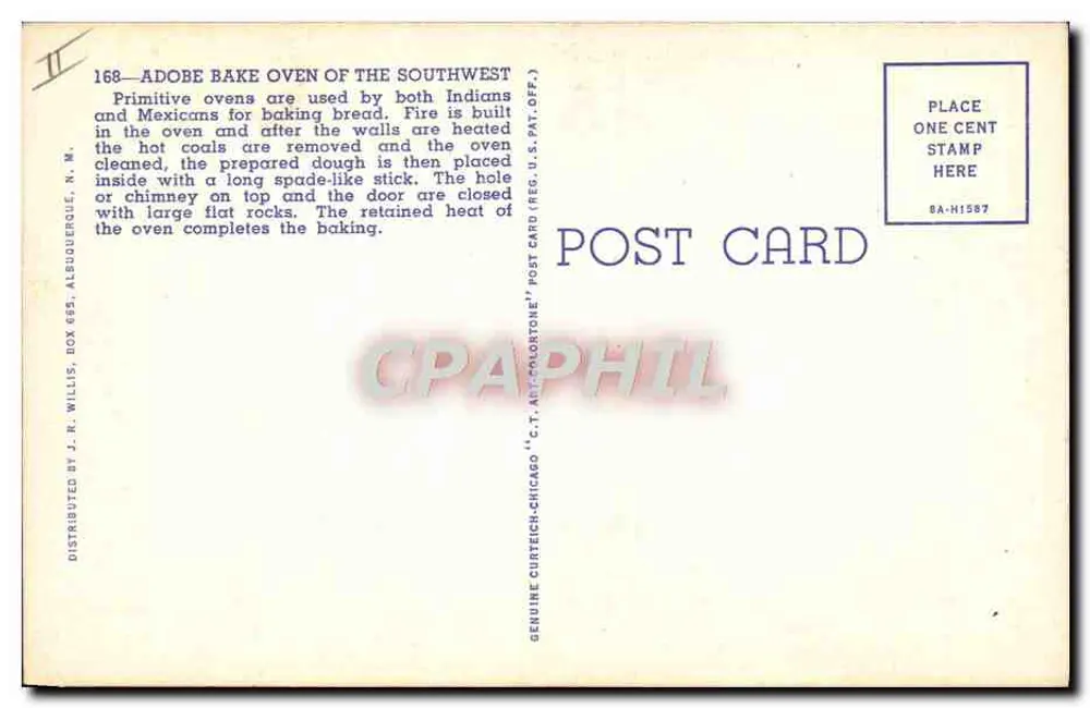 Adobe-Ofen des Südwestens — 168 — Verleger J.R. Willis, Albuquerque, N.M. - Rückseite