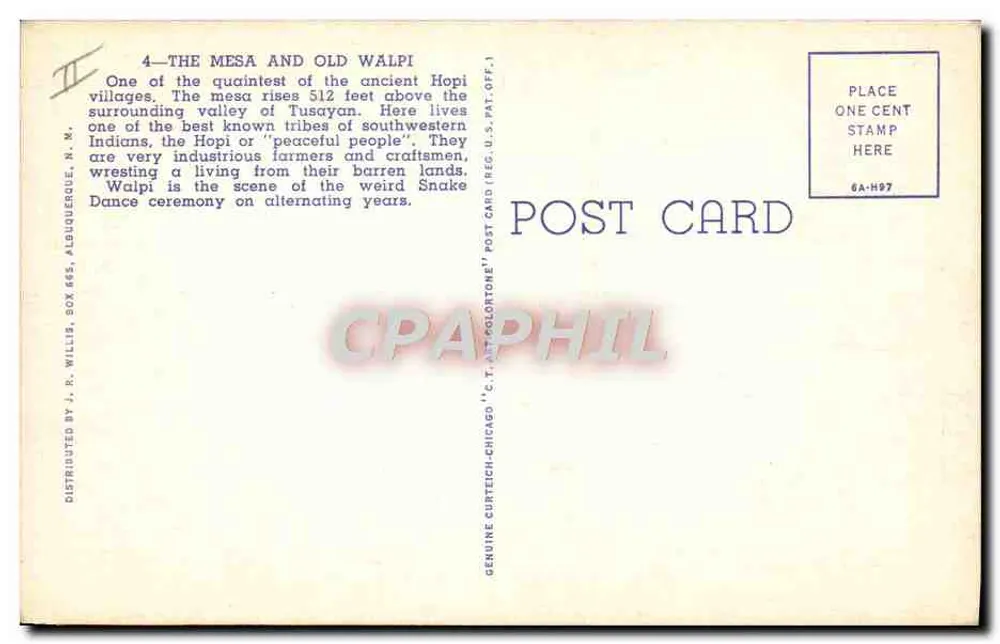 Le Mesa e Old Walpi — antigo vilarejo Hopi — distribuído por J. R. Willis, Albuquerque, N.M. - Verso