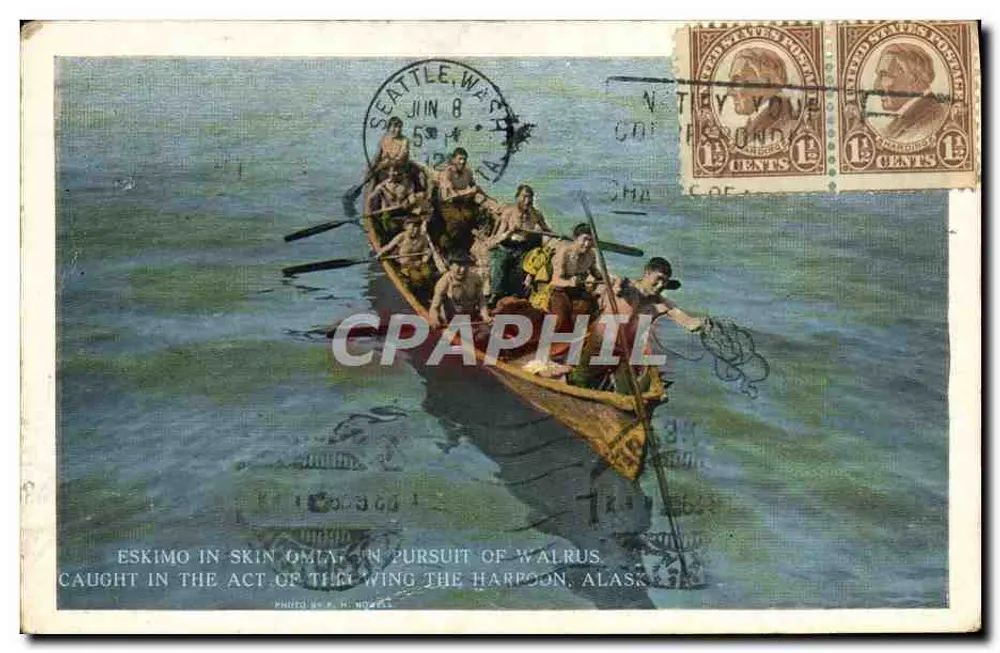 Eskimo im Kajak auf der Jagd nach einem Walross — Alaska — Verlag C. P. Johnston Co., Seattle - Vorderseite