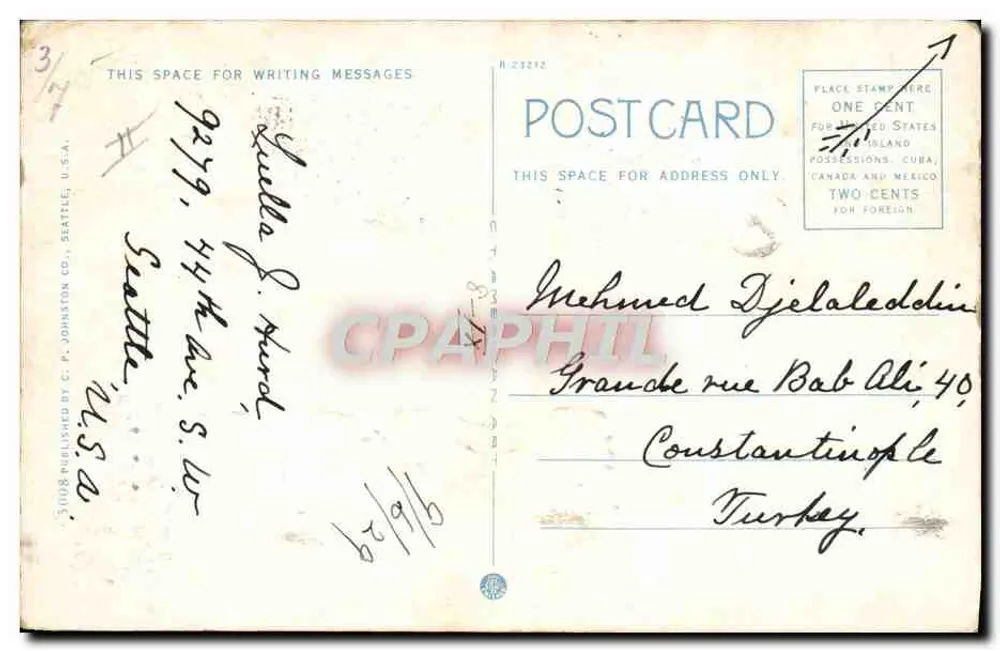 Eskimo im Kajak auf der Jagd nach einem Walross — Alaska — Verlag C. P. Johnston Co., Seattle - Rückseite