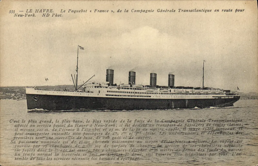 Le Havre — Ansicht des Dampfschiffes « France » der Compagnie Générale Transatlantique unterwegs nach New York — ND Phot. - Vorderseite