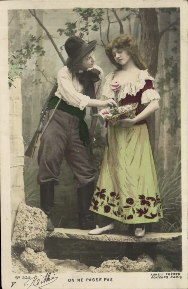 Jungmann und junge Frau in einem Waldambiente — romantische Szene — Kunzli Frères, Paris, n° 335 - Vorderseite