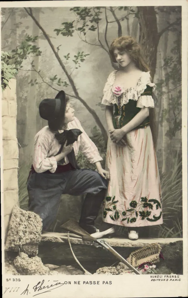 Ein junger Mann kniet vor einer jungen Frau — Hofszene — Kunzli Frères, Paris, Nr. 335 - Vorderseite