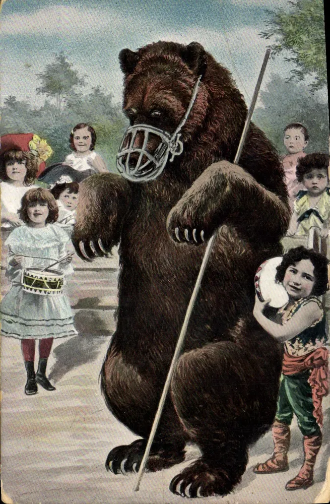 Spectacle de ours — ours en cage tenant une baguette — éditeur 'Printed in Germany' - Frente