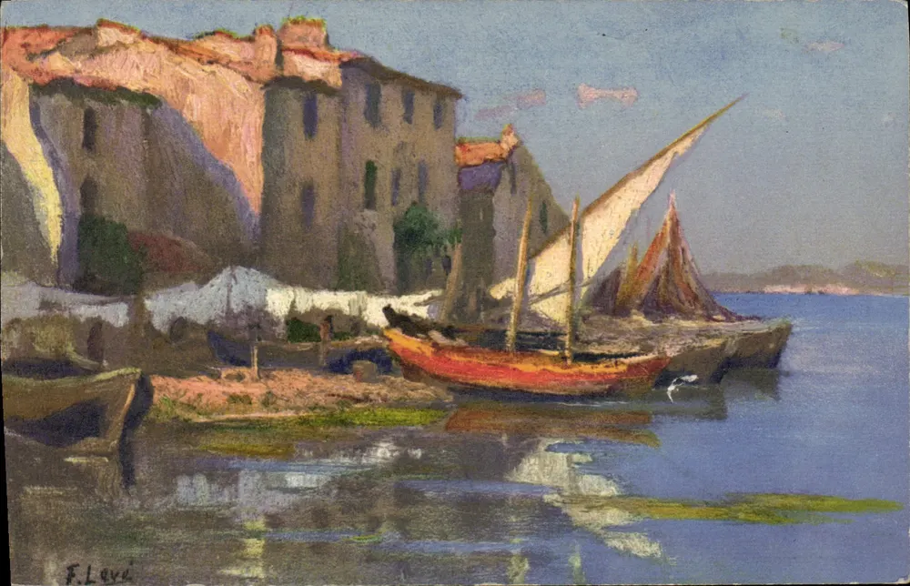 Martigues (Quartier Broscon) — Hafenansicht mit Segelboot — F. Levi - Vorderseite