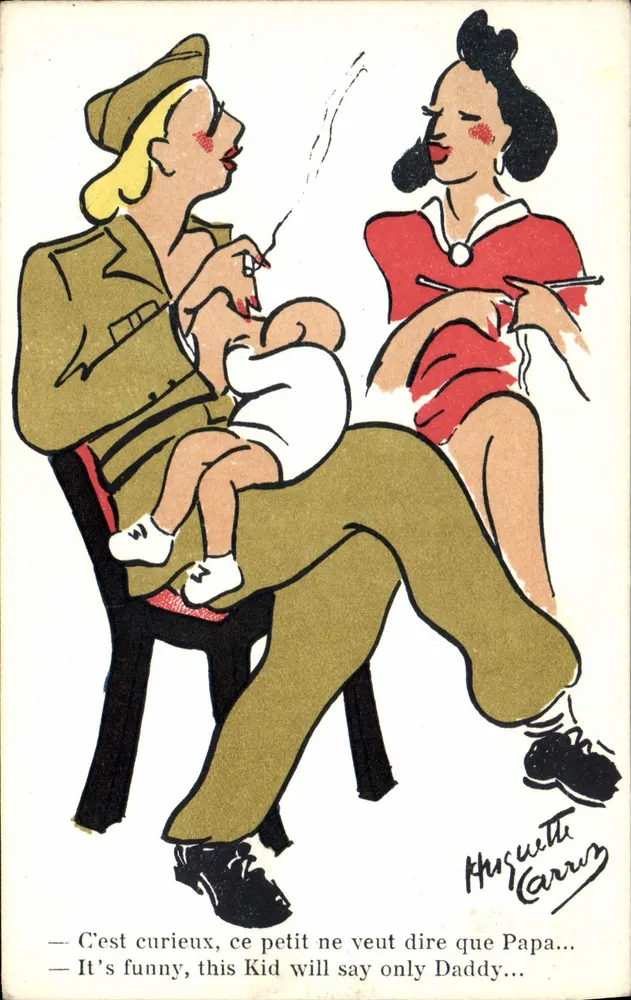 Soldado e mulher com bebê — caricatura humorística — Huguette Carruz - Frente