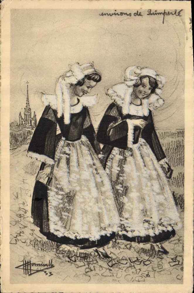 Duas jovens em traje tradicional — arredores de Quimperlé — desenhos de Charles Homualk, n°3 - Frente