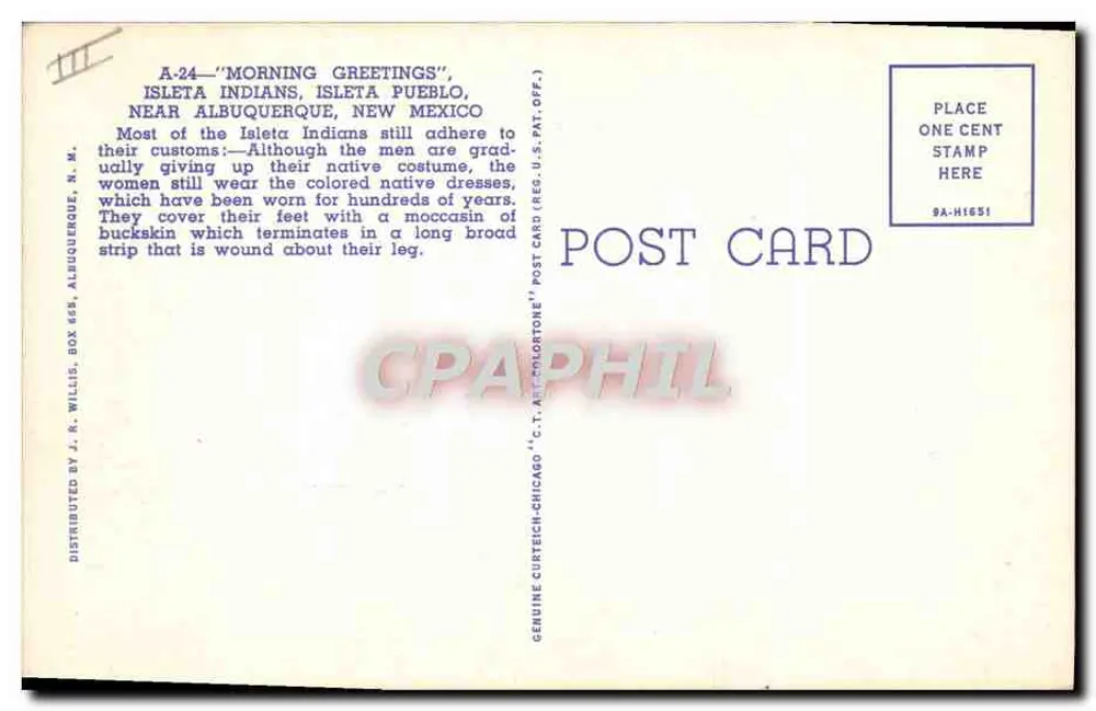 Isleta-Indianer — Morgengrüße — Isleta Pueblo, in der Nähe von Albuquerque, N.M. — Vertrieben von J. R. Willis, Kasten 655, Albuquerque, N.M. - Rückseite