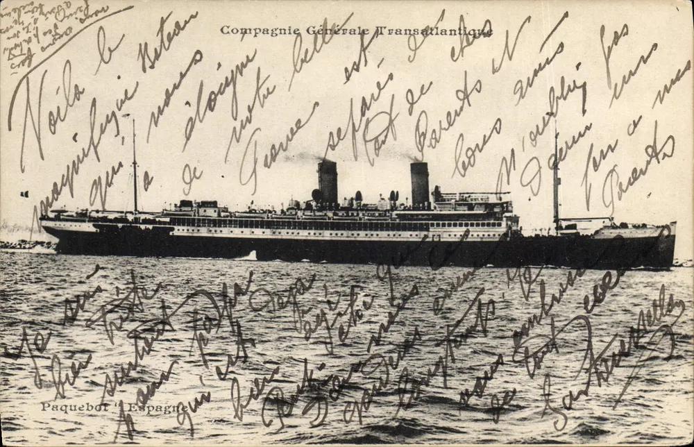 Paquebote 'Espagne' — Compagnia Geral Transatlântica — carta postal autógrafa - Frente