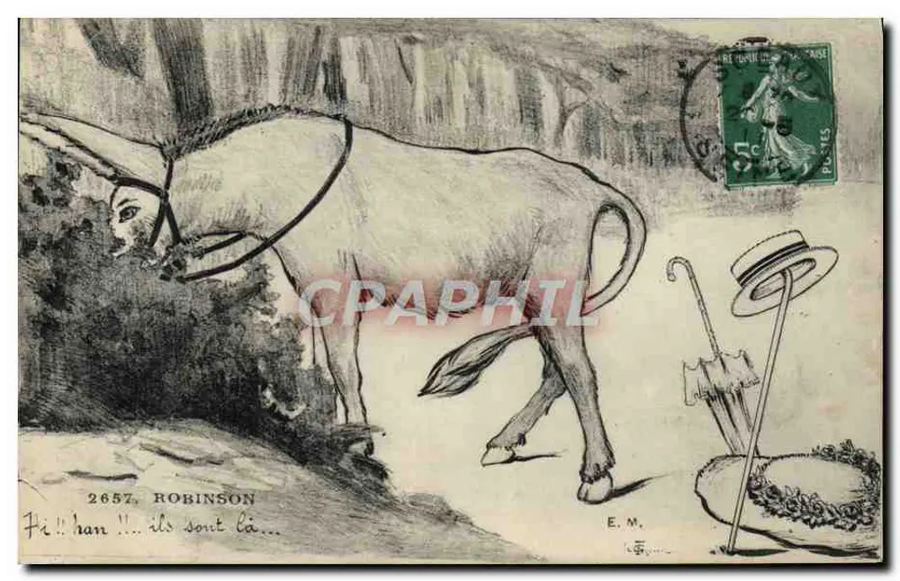Robinson — Burro com chapéu e guarda-chuva — E. Maleuit, fotografia e edição. Paris - Frente