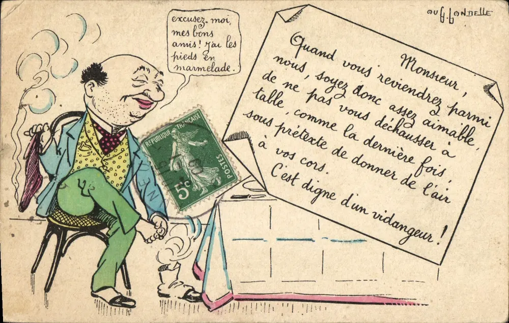 Homme en costume assis — caricature avec timbre 5c — éditeur OUG. BONDELLE - Frente