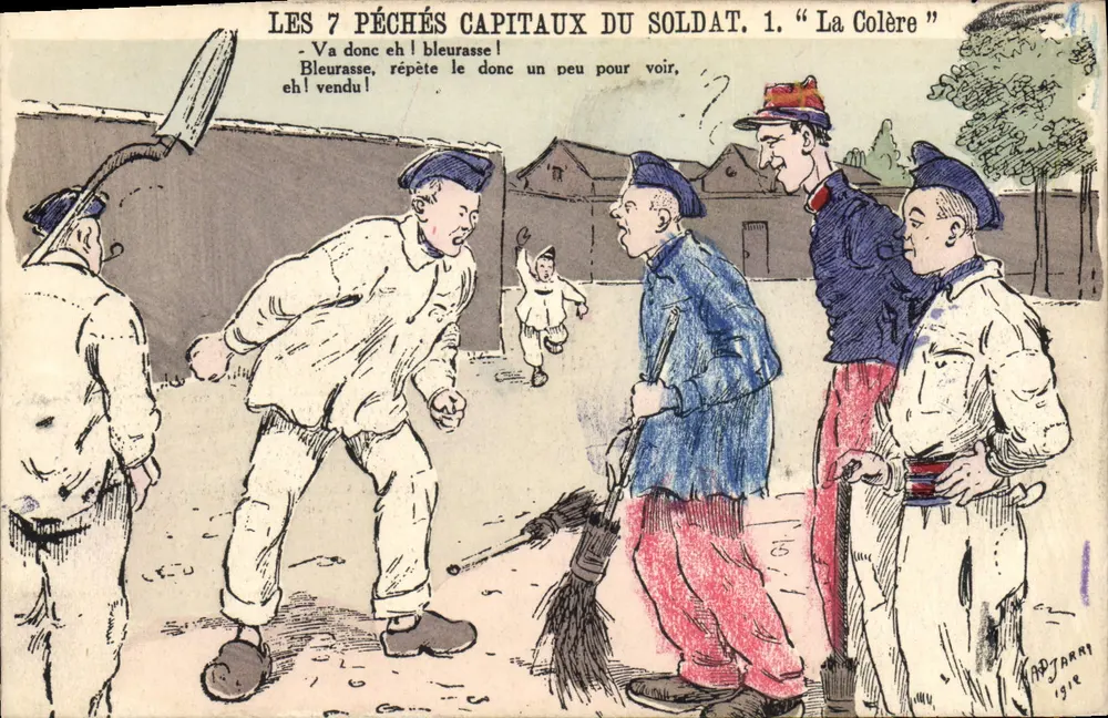 Die sieben Todsünden des Soldaten. 1. "Die Wut" — militärische Karikatur — Kadjaray, 1912 - Vorderseite