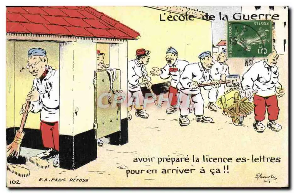 Die Schule des Krieges — militärische Karikatur — E.A. PARIS DEPOSE n°102 - Vorderseite
