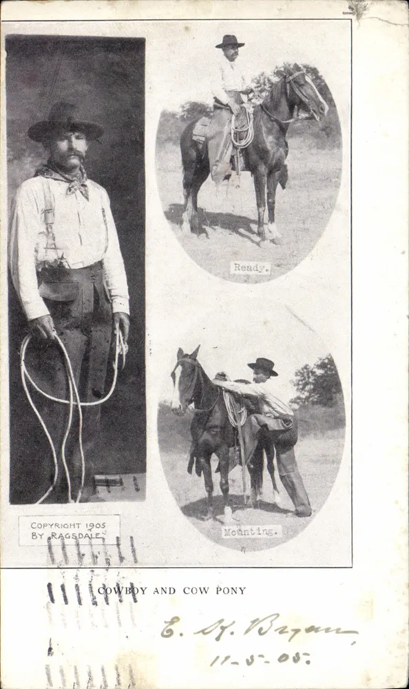 Cowboy et poney — trois scènes de monte — éditeur RAGSDALE, copyright 1905 - Voorkant