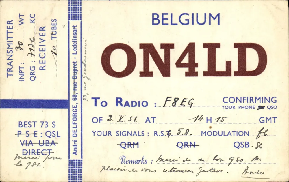 Belgique — QSL radio amateur ON44LD — éditeur Lodelinsart - Frente