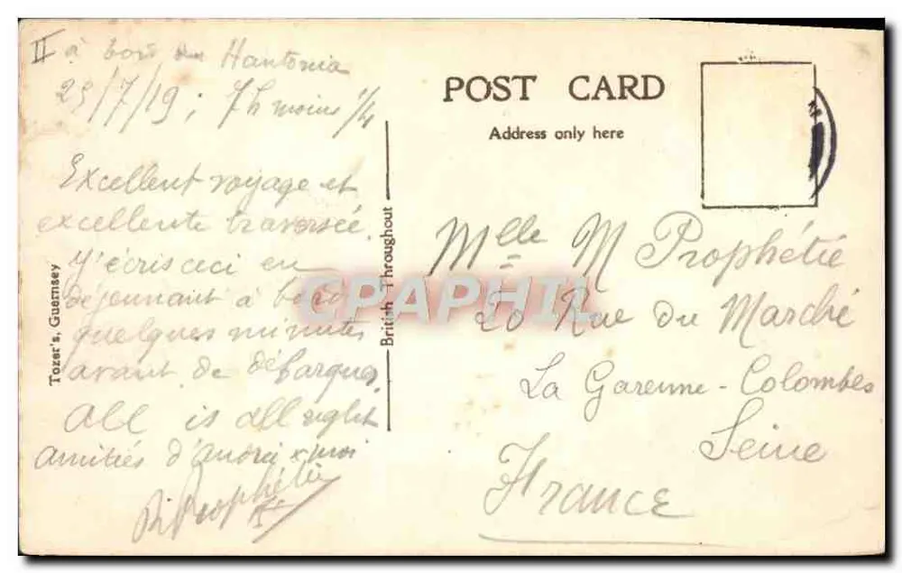 Das Dampfschiff R.M.S. "Hantonia" — Zeichnung eines Dampfschiffs auf See — Verlag L. & S.W. Ry. R.M.S.S. "Hantonia" - Rückseite