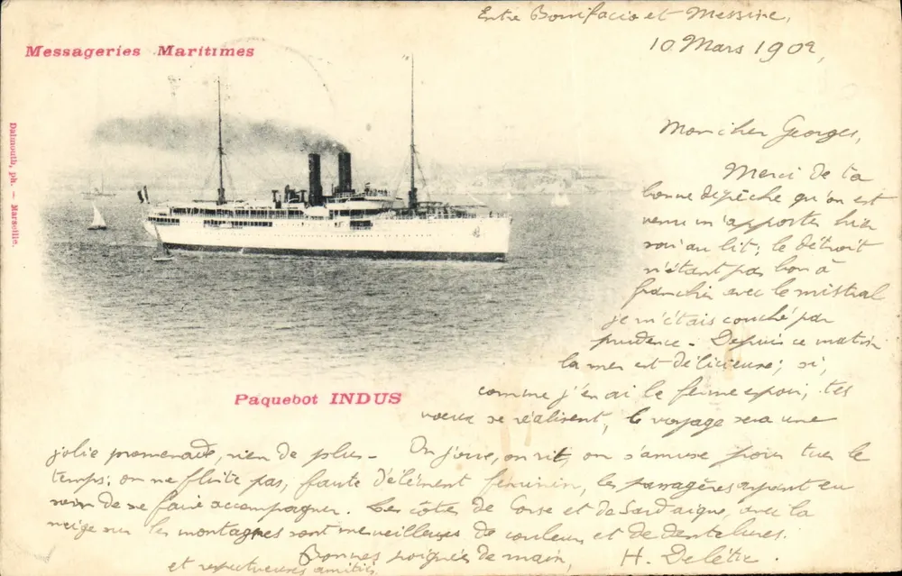 Navio de passageiros INDUS — Messageries Maritimes — editor Delamouche, impr. Marselha - Frente