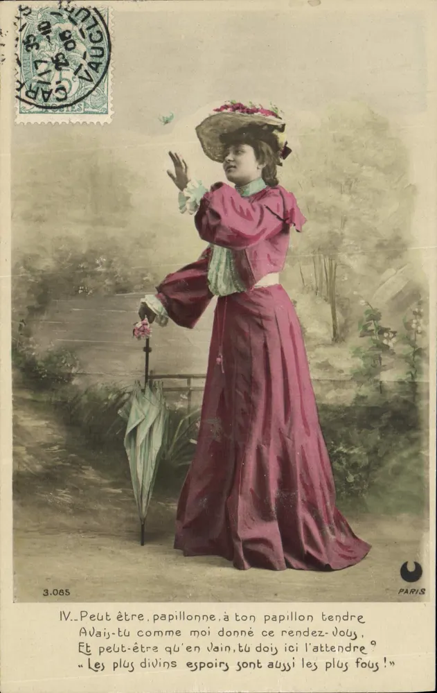 Frau in einem rosa Kleid und blumigem Hut — romantischer Gedicht — Paris, Nr. 3.065 - Vorderseite