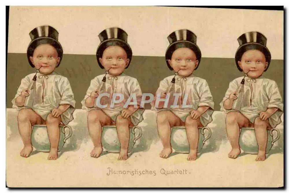 Humoristisches Quartett - vier Babys in Zylinderhüten, sitzen in Tassen - unbekannter Verleger, Seriennummer nicht sichtbar - Vorderseite