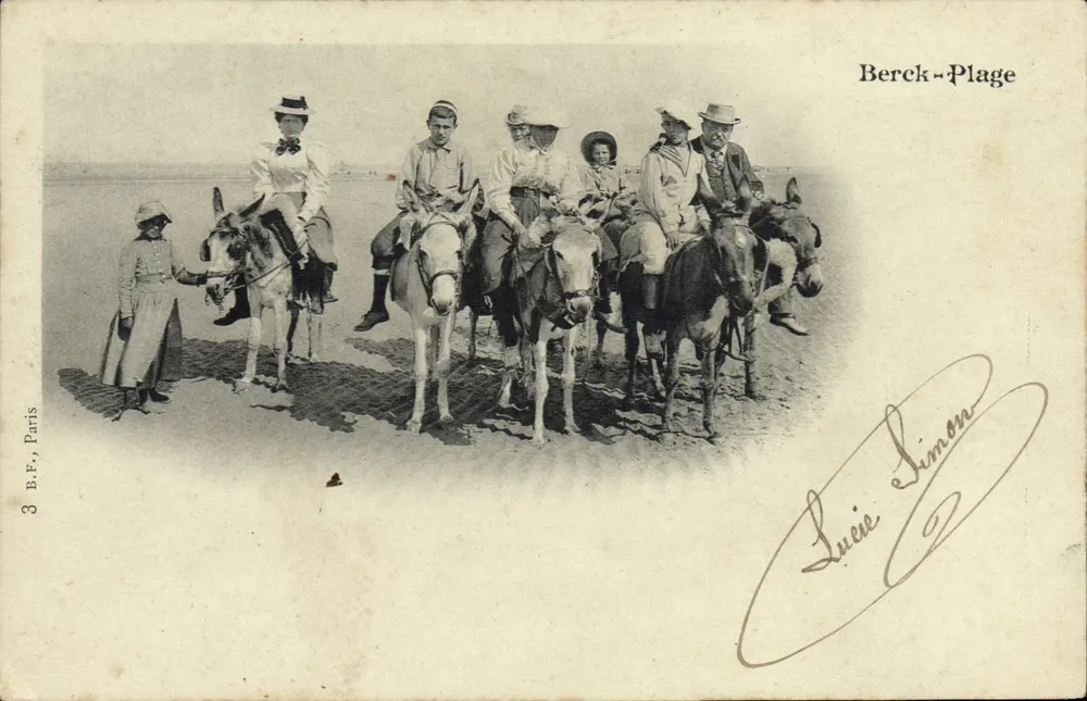 Grupo de pessoas a cavalo em jumentos em Berck-Plage — Lucie Simon, editora, n°3 B.E., Paris - Frente