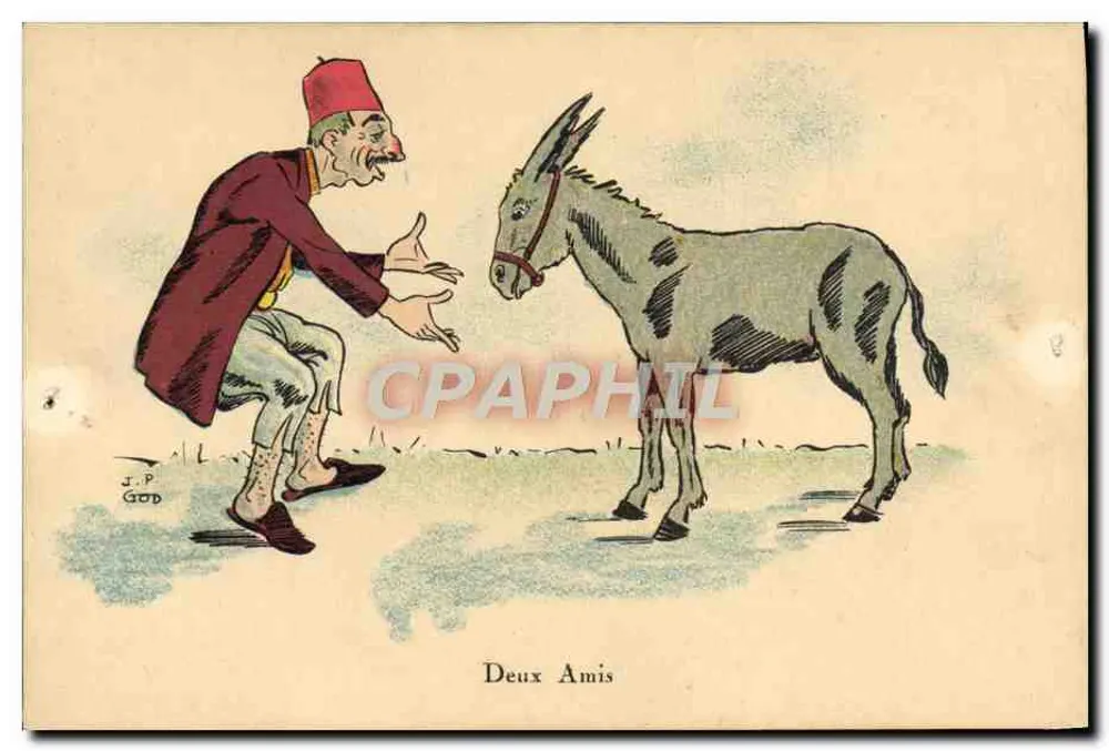 Dois Amigos — caricatura de um homem com fez e de um jumento — J.P. GUD - Frente