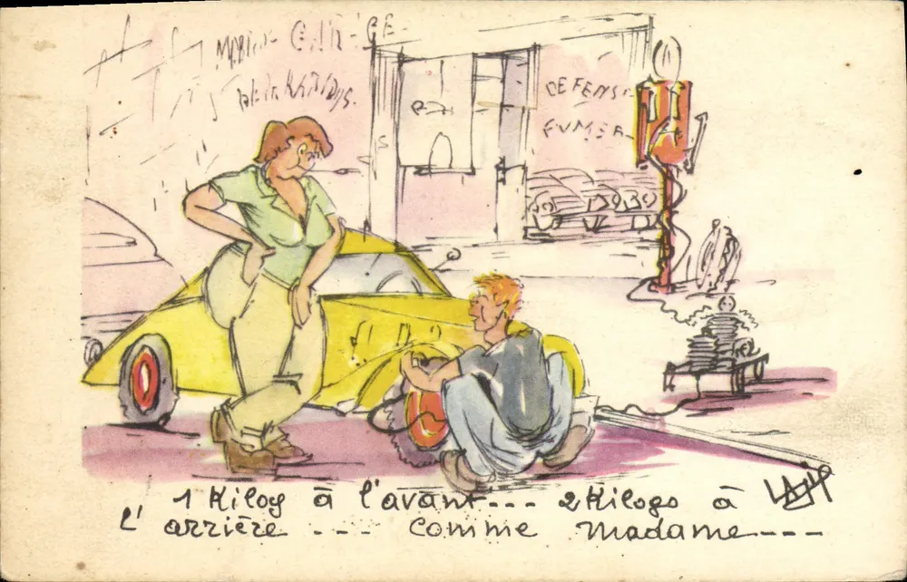 Humoristische Ansichtskarte — Mechaniker und Frau neben einem gelben Auto — Verlag R. Hamel, Nr. 134 - Vorderseite
