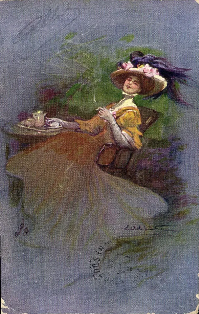 Femme en robe jaune et chapeau à fleurs — scène de jardin — éditeur Coupin, n° 121 - Vorderseite