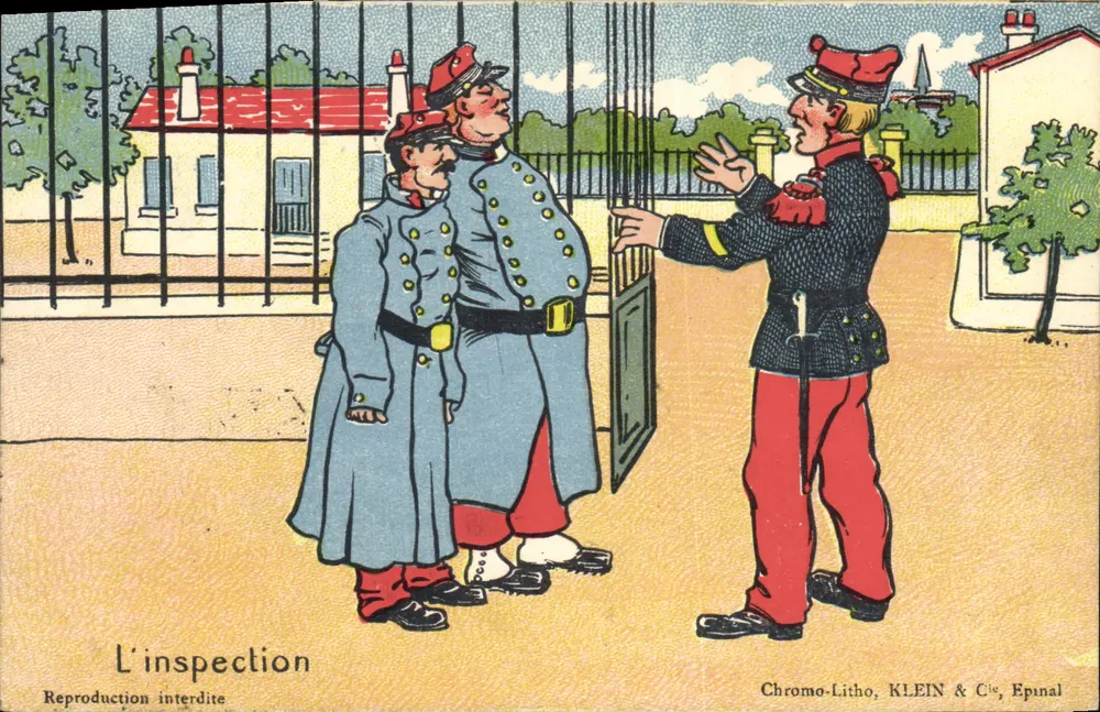 A inspeção — soldados em uniforme — Chromo-Litho KLEIN & Cie, Epinal - Frente