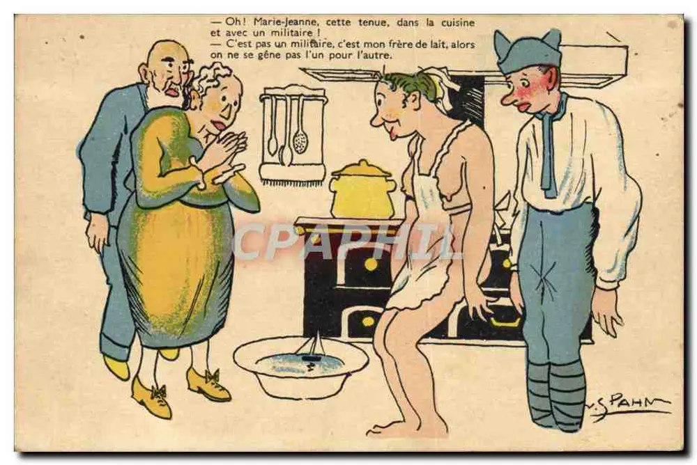Cena humorística na cozinha — desenho de S. Pahm — Série M-417 - Frente