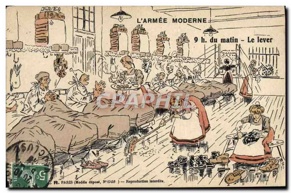 DIE MODERNE ARMEE — 9 Uhr morgens — Aufstehen — R. PARIS (Modell angemeldet, Nr. 15/08) - Vorderseite