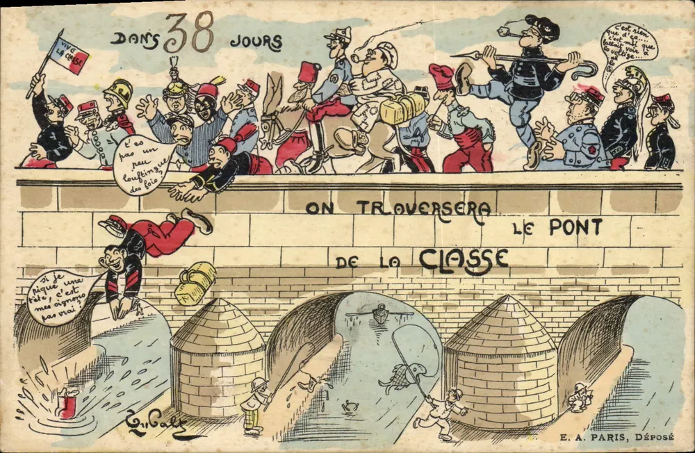 Satirische Karte — Wir werden die Klassebrücke überqueren — E. A. Paris, Einlieferung - Vorderseite