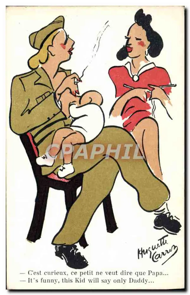 Tema humorístico — soldado e mulher com bebê — desenho de Huguette Carrus - Frente