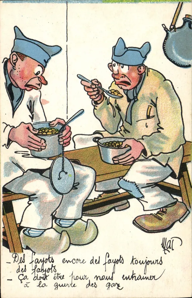 Dois soldados comendo fayots — caricatura de W. LAL — Coleção Comique Militaire - Frente